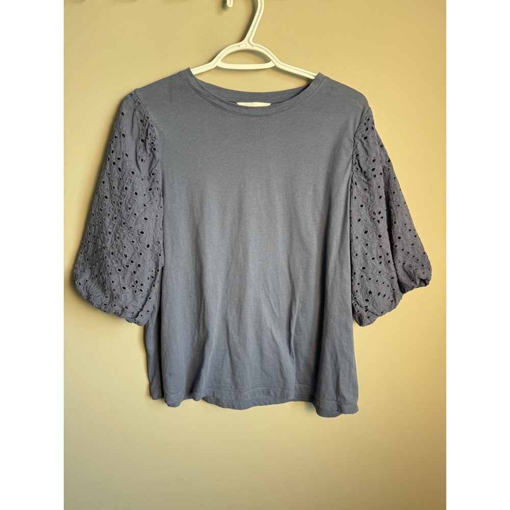 H&M Blue Eyelet Puff Sleeve T-Shirt Blouse Medium Boho Cottagecore Whimsigoth